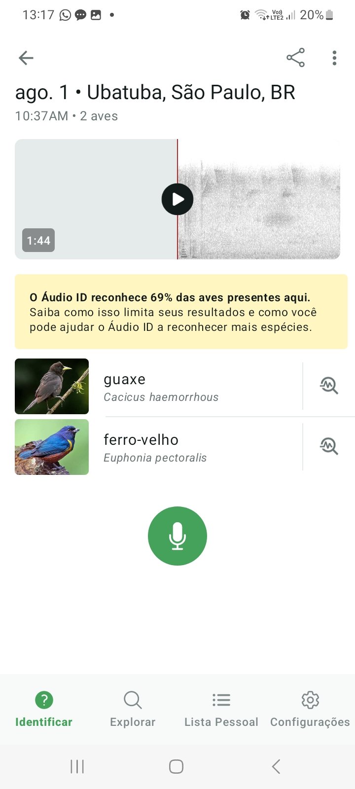 Registro Bioacústico no Merlin Bird ID - Registro 1
